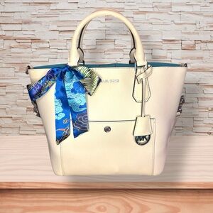 Michael Kors Greenwich Optic White Saffiano Leather Tote w/Aquamarine Interior